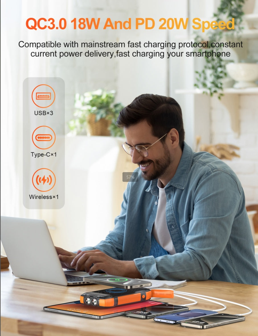 Cargador Solar Portátil 20,000mAh | Impermeable, Linterna y 3 USB