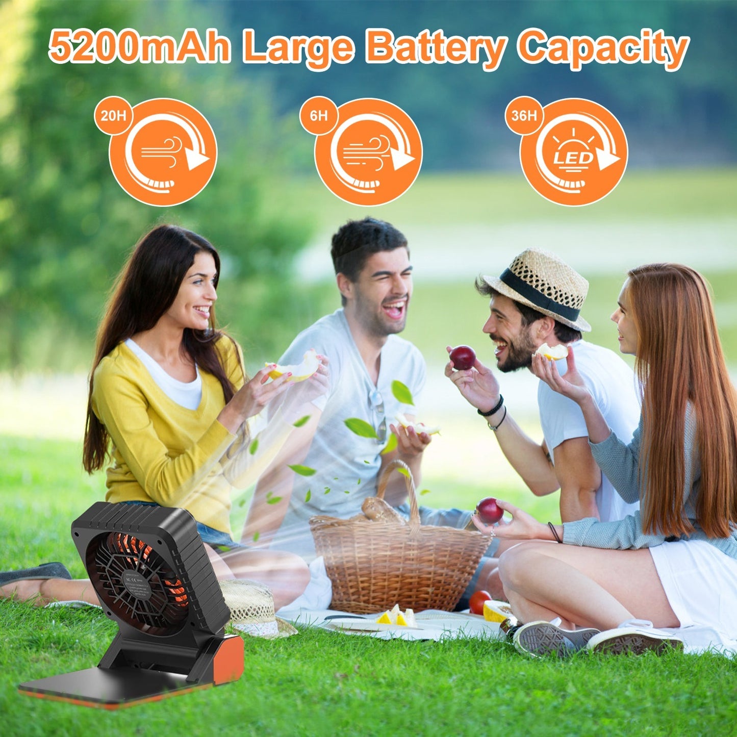 Ventilador Solar con Linterna LED 5200 mAh | 4 Velocidades, 3 Modos de Luz, Power Bank