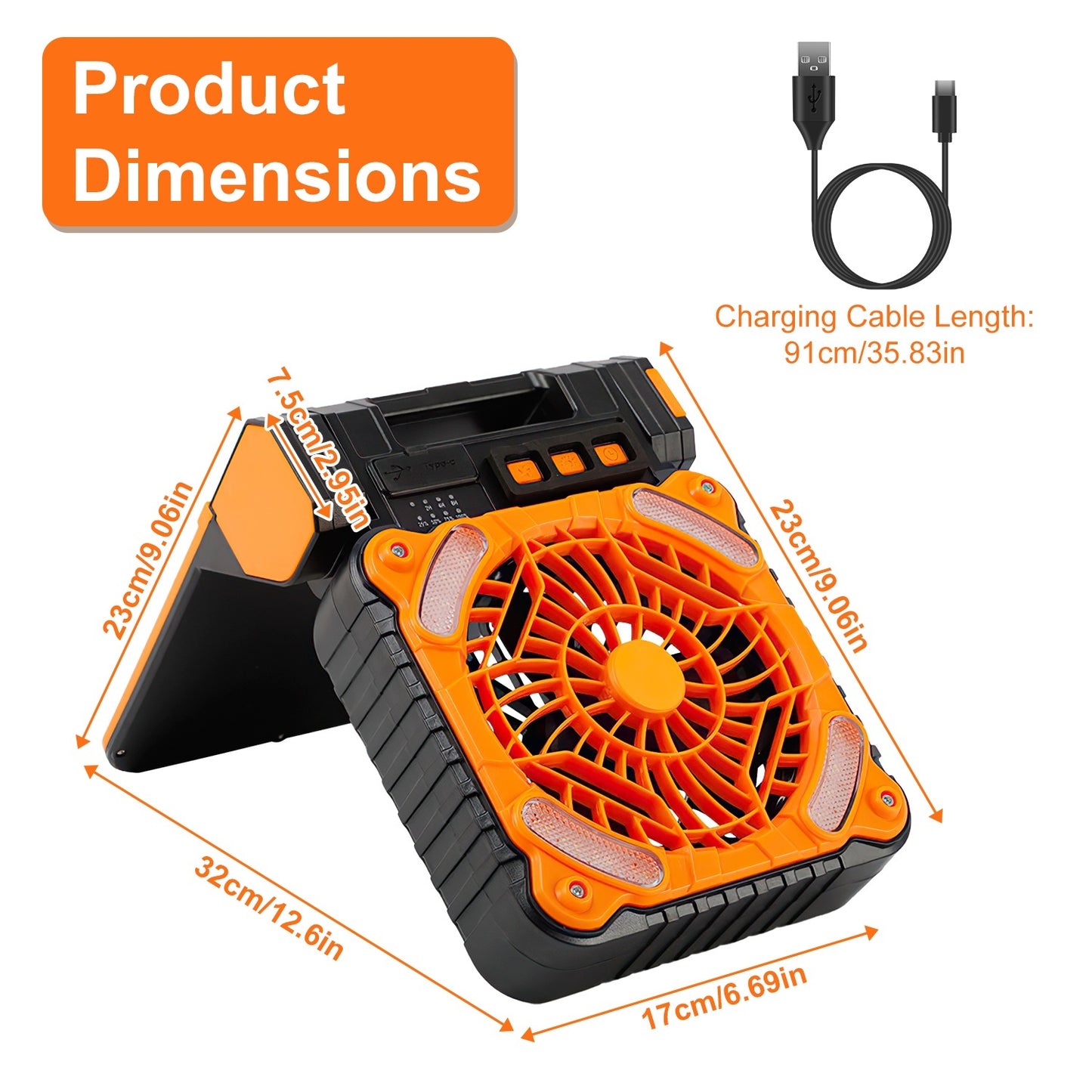 Ventilador Solar con Linterna LED 5200 mAh | 4 Velocidades, 3 Modos de Luz, Power Bank