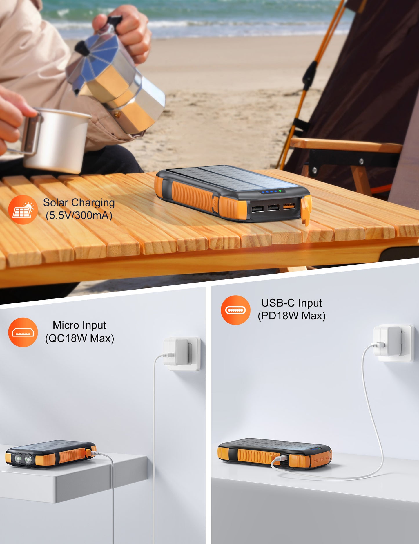 Cargador Solar Portátil 20,000mAh | Impermeable, Linterna y 3 USB