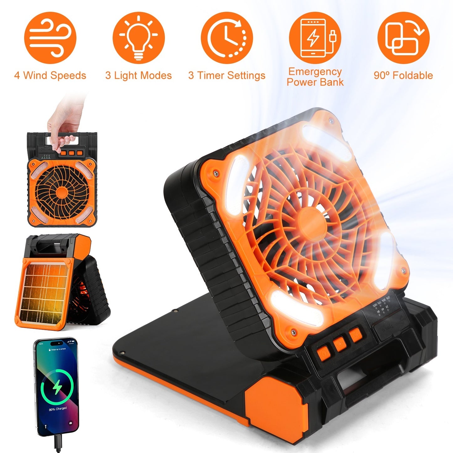 Ventilador Solar con Linterna LED 5200 mAh | 4 Velocidades, 3 Modos de Luz, Power Bank
