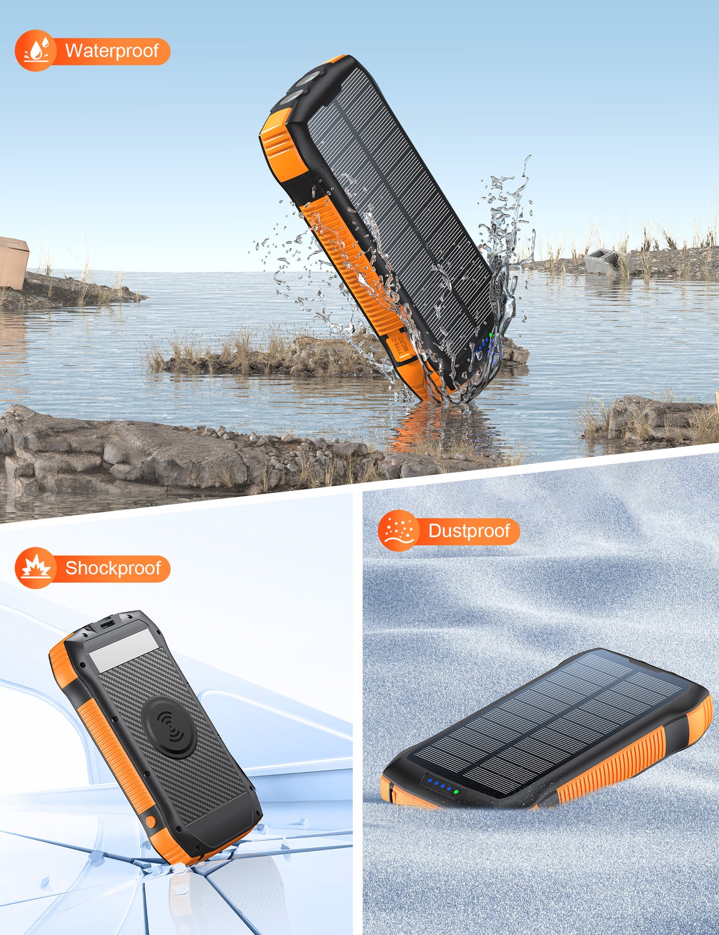 Cargador Solar Portátil 20,000mAh | Impermeable, Linterna y 3 USB