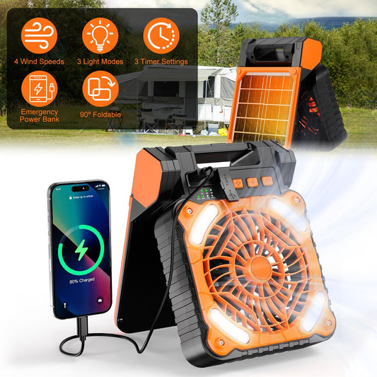 Ventilador Solar con Linterna LED 5200 mAh | 4 Velocidades, 3 Modos de Luz, Power Bank